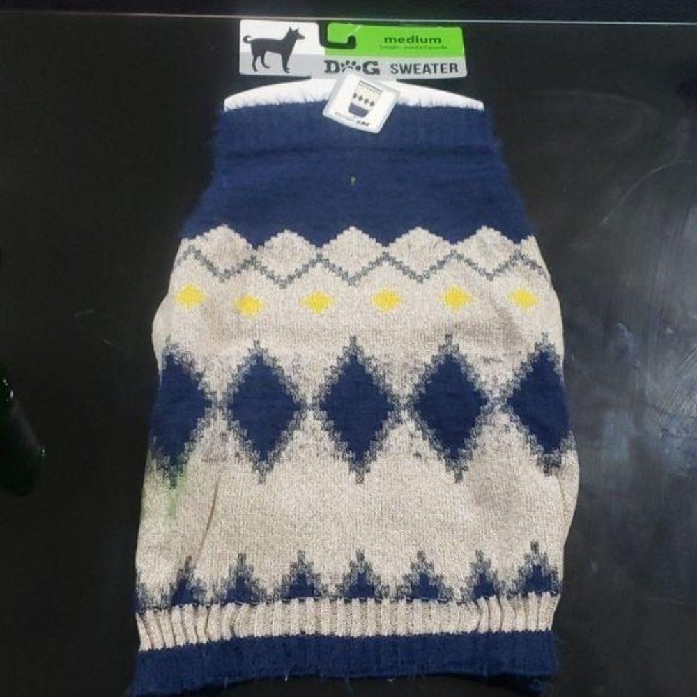 Knit blue‎ tan yellow dog sweater diamond fuzzy
